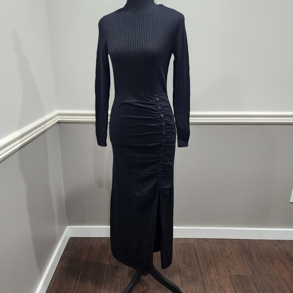 🔥 Sandro-Paris Ruched Wool Blend Midi Leg Slit Long Sleeve Sweater Dress - Picture 5 of 15